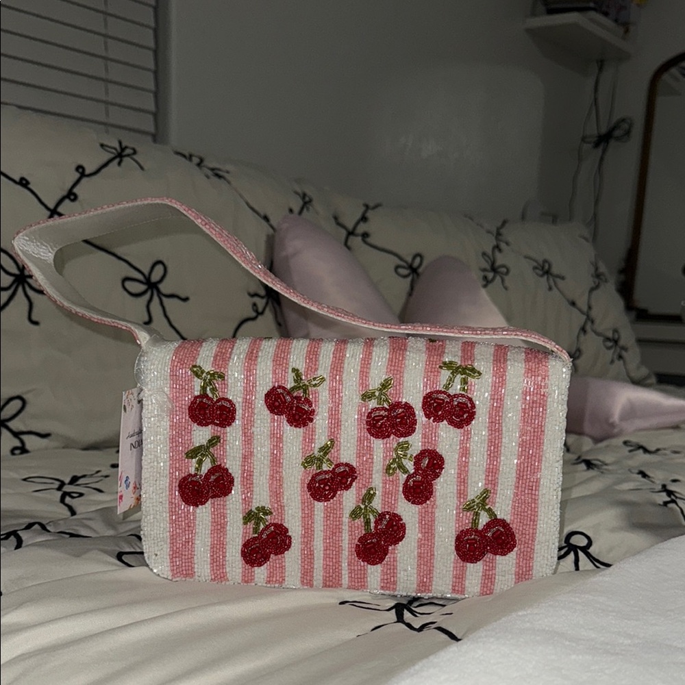 Cherry Beaded Pink and White Bag